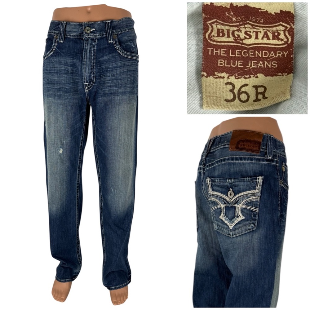 Big Star Mens 36 R Jeans Pioneer Regular Bootcut Distressed Wash Stitch Blue EUC